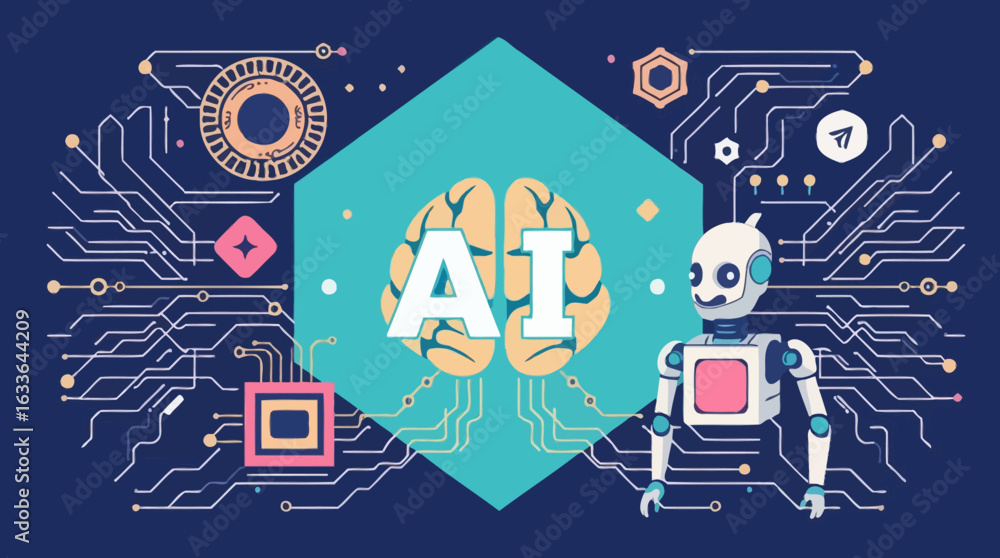 Poster artificial intelligence concept illustrated with a robot and a brain graphic.