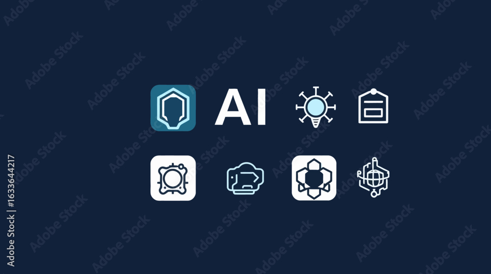 Poster ai technology icons represent data analysis, learning, and process automation.