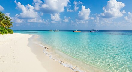 Obraz premium Tropical Beach with Azure Water and Palm Trees on Sunny Day