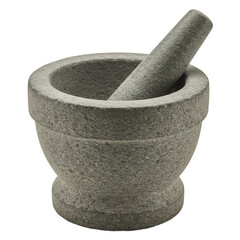 A vintage style stone mortar and pestle with rustic texture, isolated