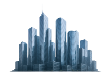 Modern Glass Skyscraper Cityscape with Diverse Architectural Styles and Reflective Facades