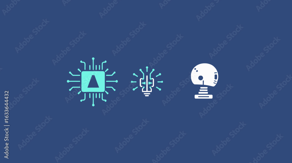 Poster digital icons depicting technology: a circuit board with an arrow, a lightbulb with circuits, and a 