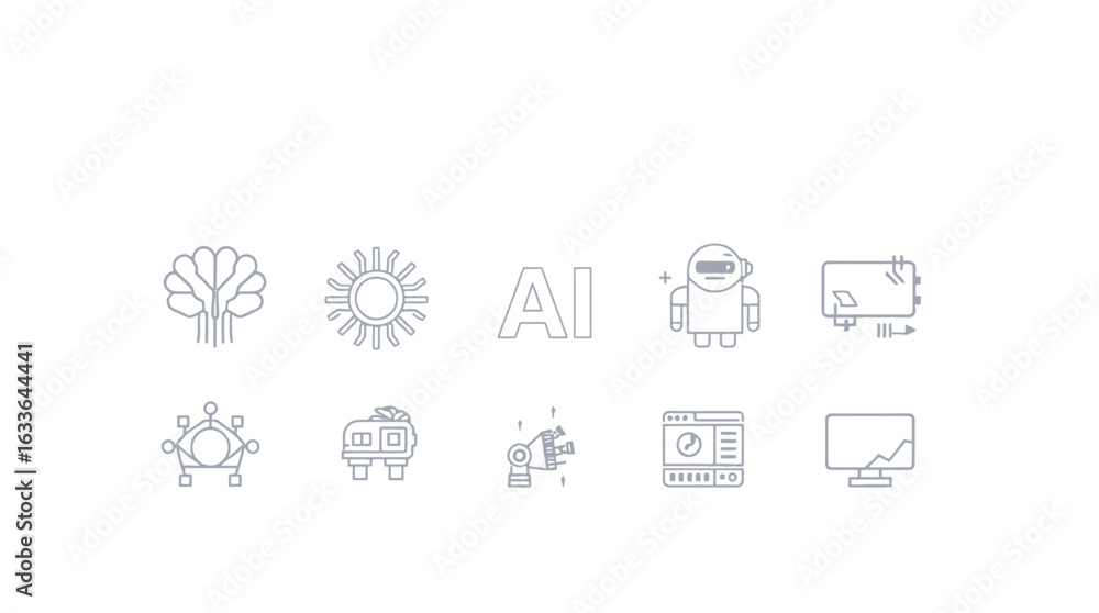 Poster a collection of simple line art icons representing various aspects of artificial intelligence and te