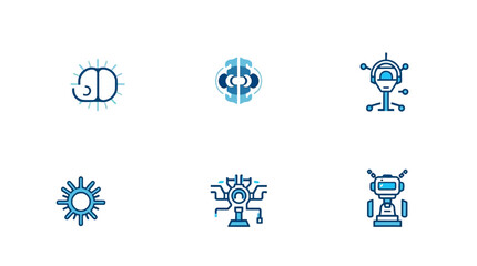 Collection of futuristic, stylized line art icons depicting technology, robots, and digital systems.