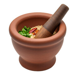High-quality clay mortar and wooden pestle with raw ingredients, isolated background