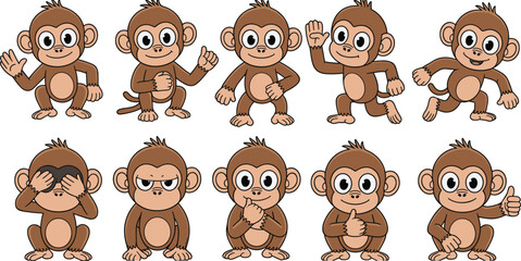 Funny cartoon monkey character set, cute baby monkeys in various poses, vector illustration pack for animation, kids, emoji, expression design