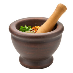 High-quality clay mortar and wooden pestle with raw ingredients, isolated background
