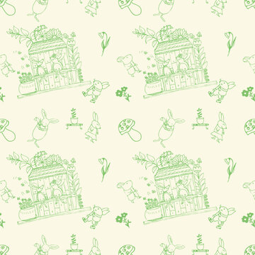 pattern con graziosi coniglietti verdi su sfondo giallo chiaro, illustrazione vettoriale per l'infanzia