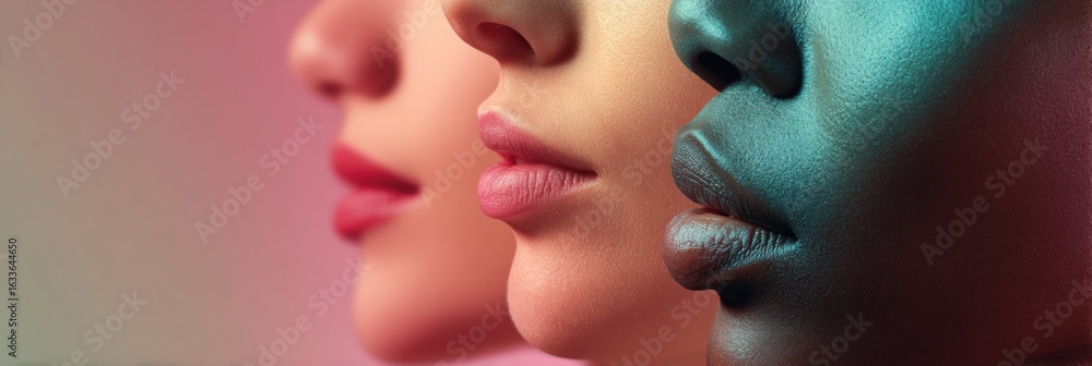 Aufkleber multi-ethnic close-up of jawlines and cheeks blending into a soft pastel background with room for te