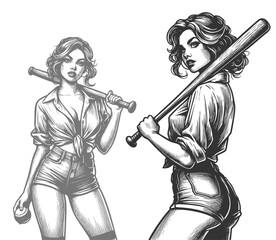 pin-up girl with tied shirt and bat over shoulders sketch engraving generative ai fictional character vector illustration. Scratch board imitation. Black and white image.