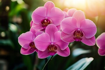 Close-up of vibrant pink orchids in a greenhouse setting