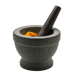 Mortar and pestle with colorful spice blend mid-grind, isolated transparent background