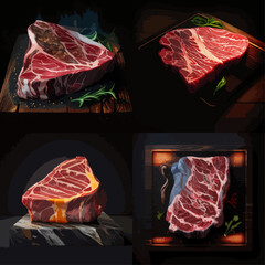 High-quality image showcasing four different, raw beef steaks, presented on contrasting surfaces, with a focus on their texture and color.