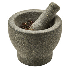 Mortar with half-ground peppercorns, close-up texture shot, isolated background