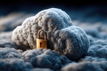 Secure cloud data.  A small gold padlock sits atop a grey cloud, implying protection