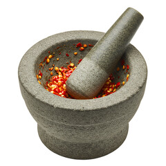 Traditional stone mortar and pestle with crushed chili inside, isolated on transparent background