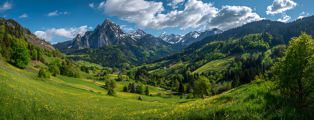 Naklejka premium Spring in the Alps – Mountain Landscape with Colorful Flowering Meadows