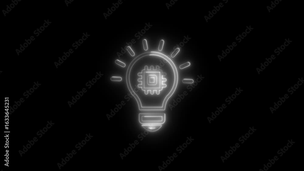 Poster glowing neon light bulb with microchip animation. abstract digital ai chip and lightbulb on technolo