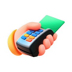 Hand holding a payment terminal with a card