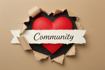 Red heart with community banner emerging from torn paper, symbolizing support