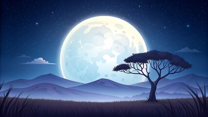 Vast moonlit savanna landscape with silhouette of acacia tree and distant mountains