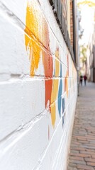 Vibrant brushstrokes adorn a white brick wall, creating dynamic urban street art in a sunlit alleyway, a striking abstract architectural detail.