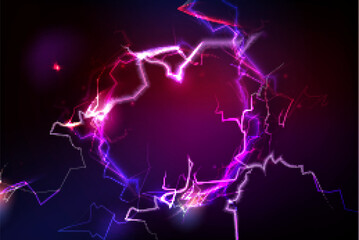 Obraz na płótnie Canvas Electric circle with bolt light effects - glowing ring on dark background. Neon energy lightning strikes in circular pattern with vibrant purple and pink plasma. Power burst for futuristic design.