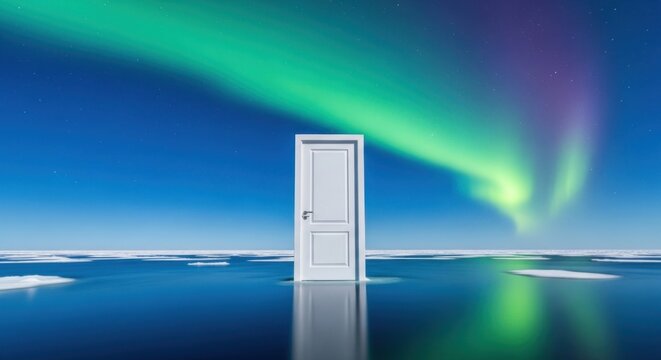 Ethereal gateway beneath the aurora borealis standing between icy waterscape