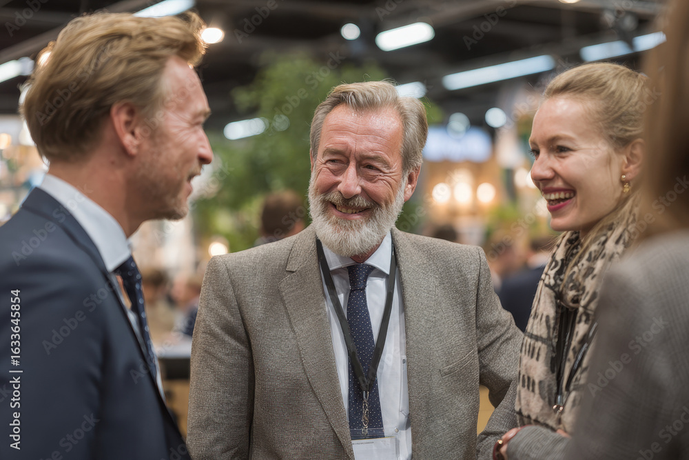 Aufkleber engaging discussion among three professionals in suits at a business networking event in a modern ve