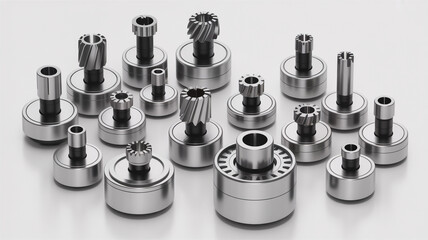 Closeup of various steel bearings and mechanical components isolated on white background showcasing precision engineering and industrial technology