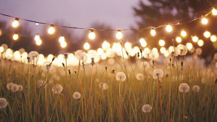 Close-up of tall summer grass with glowing street garlands and dandelions swaying in the breeze. Seasonal, festival, nature, and outdoor celebration themes.