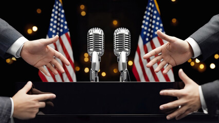 Close-up of two microphones on a modern podium with hands gesturing. Concept of political debate, press conference, or official statement.