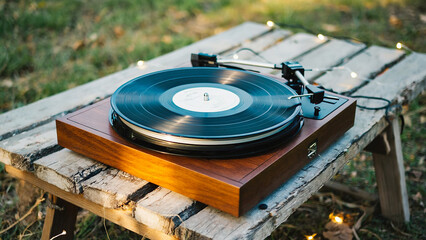 Close-up of a vintage vinyl record spinning on a wooden turntable at the backyard. Warm nostalgic atmosphere, ideal for music, retro, and lifestyle concepts.