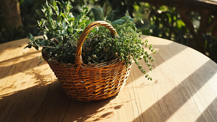 Wicker basket filled with fresh herbs on a rustic wooden table. Background for themes of slow living, organic lifestyle, cooking, and countryside aesthetics.