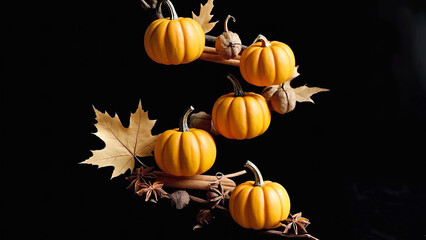 Halloween-themed still life with floating mini pumpkins, yellow maple leaves, cinnamon sticks and spices on black background. Autumn and spooky concept.