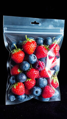 Vacuum-sealed plastic bag filled with mixed berries including strawberries, blueberries, and raspberries on black background. Food preservation concept.