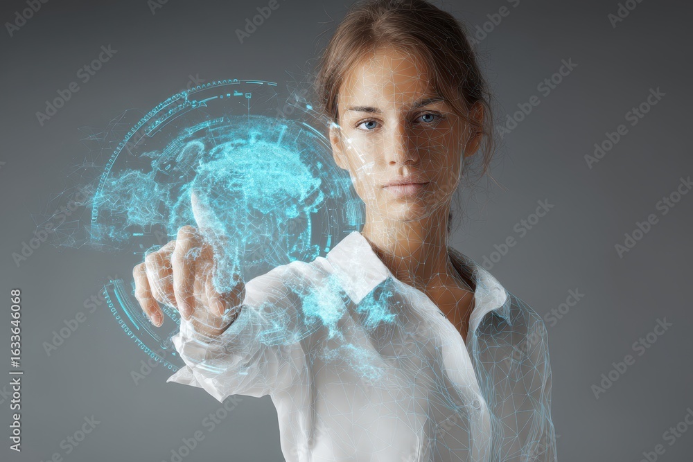 Poster woman interacts with virtual graphic of global internet network while showcasing technology and inno