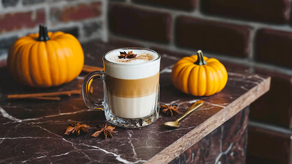 Close-up of a glass cup filled with layered pumpkin spice latte. Warm autumn beverage concept. Seasonal, food, and café-related projects.