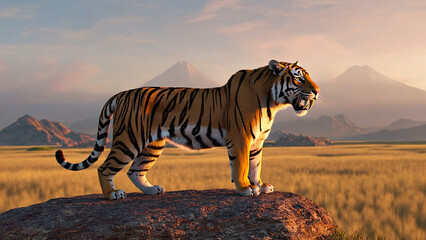Prehistoric savanna landscape at twilight with a tiger predator walking through dry grass. Dramatic scene for nature, evolution, and fantasy concepts.
