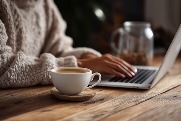 Girl working on laptop with coffee beside/Coffee Day	
