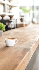 Obraz premium Steaming Espresso on a Rustic Wooden Cafe Counter A Perfect Morning Coffee Moment, Capturing Warmth and Comfort in a Modern Setting