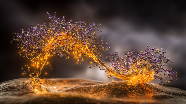 A golden molecular structure of spermidine floating above a brain-shaped nebula, glowing with energy.