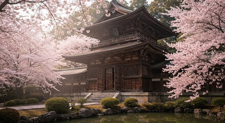 Fototapeta premium Traditional Japanese Building with Pink Cherry Blossoms in Spring