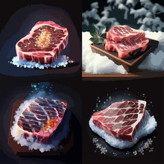 Four meticulously rendered images of beef steaks, showcased on dark surfaces, some with snow and ice,  demonstrating various stages of preparation.