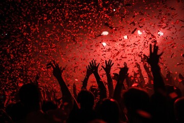 Vibrant nightclub atmosphere with energetic clubbers celebrating and raising hands in excitement during a late-night party