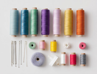 Overhead arrangement of colorful thread spools and sewing tools isolated on white background, ideal for crafting, sewing, and hobby projects