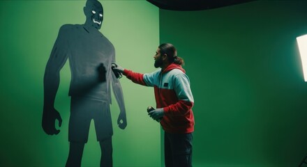 A talented artist spray-painting an imaginative monster on a vibrant green screen backdrop