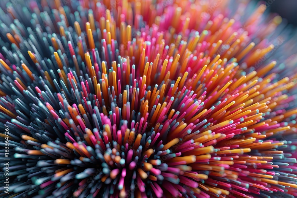 Poster unique abstract shape composed of colorful needles highlighted against a dark background, showcasing