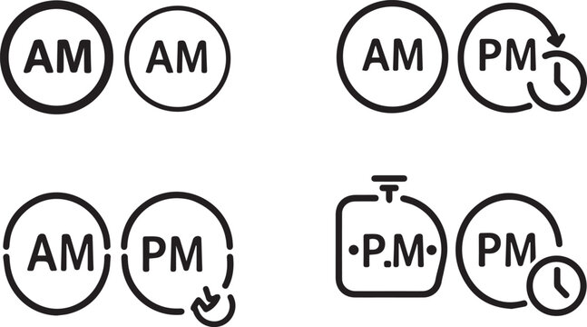 Collection of AMPM time format icons with circular and rounded square designs am pm clock