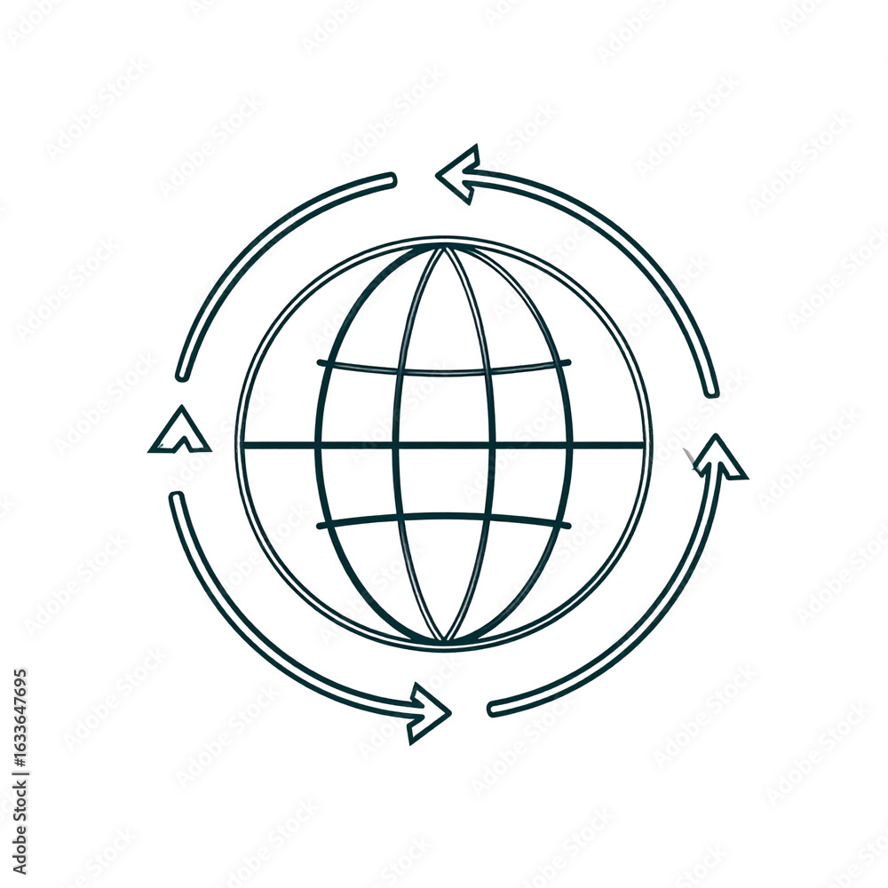 Poster flat 3d-look globe icon with minimal line art and global arrows, abstract connectivity style, transp